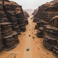 Aerial View of Vehicles Navigating a Desert Canyon
