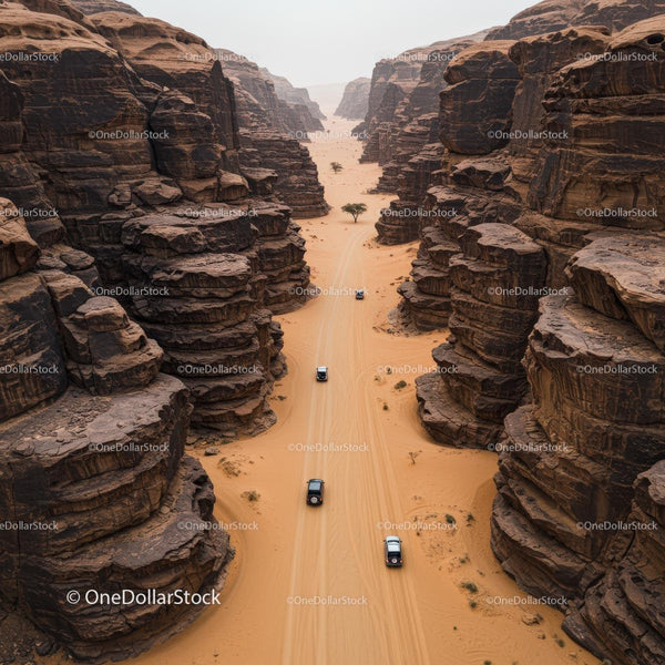 Off-Road Vehicles Traversing Dramatic Desert Canyon