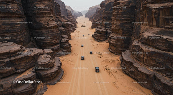 Classic Cars Driving Through Stunning Desert Canyon
