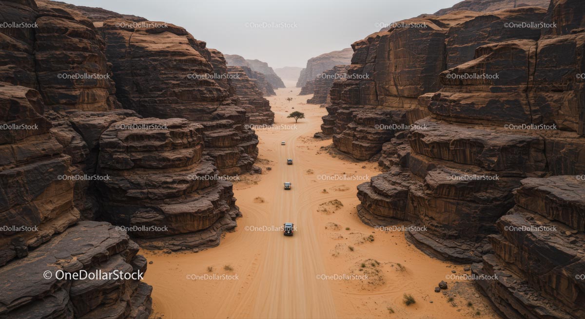 Off-Road Convoy Journeying Through Majestic Desert Canyon