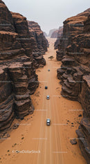 Aerial View of Vehicles Navigating Desert Canyon