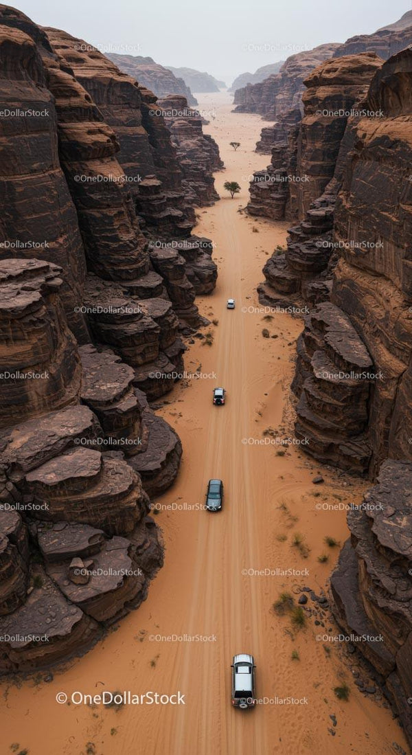 Off-Road Vehicles Driving Through Majestic Desert Canyon
