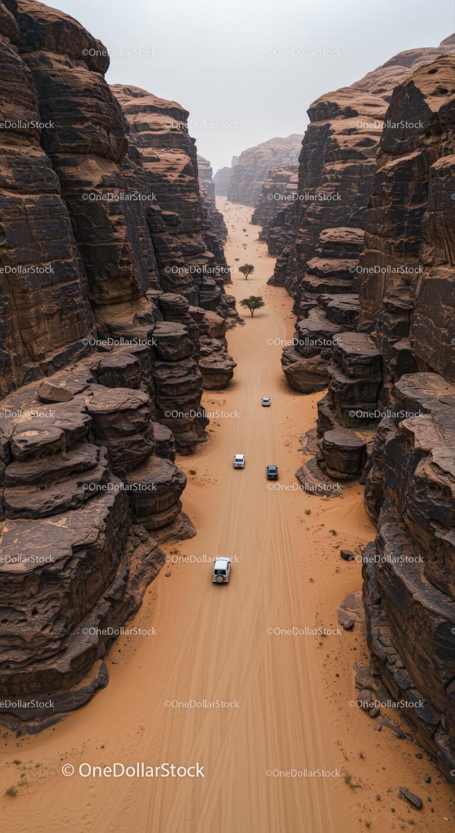 Aerial View of Vehicles Navigating Desert Canyon Path