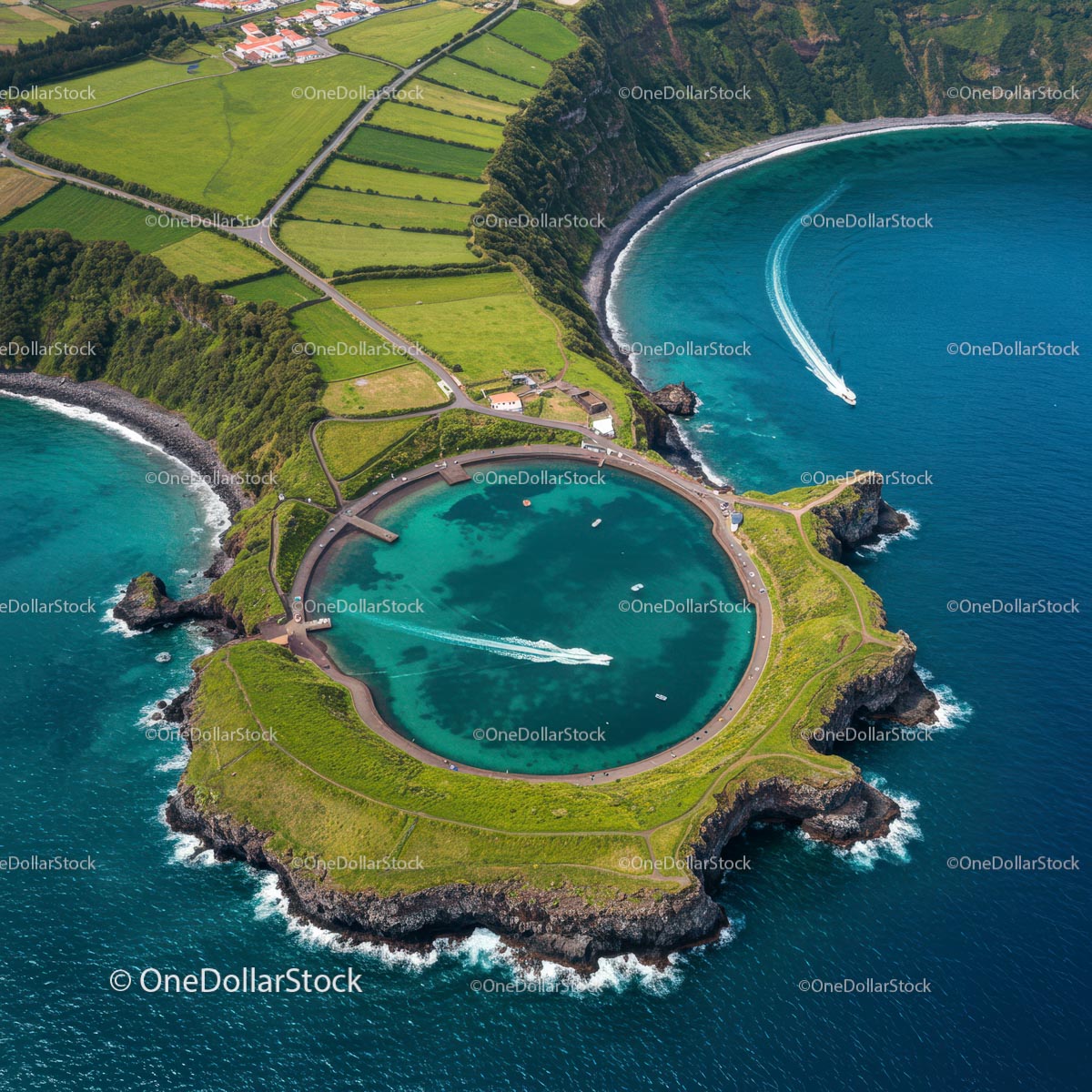 Aerial View of Stunning Coastal Scenery with Green Fields