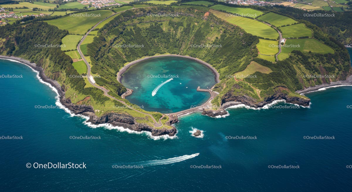 Aerial View of Volcanic Crater and Turquoise Coastline