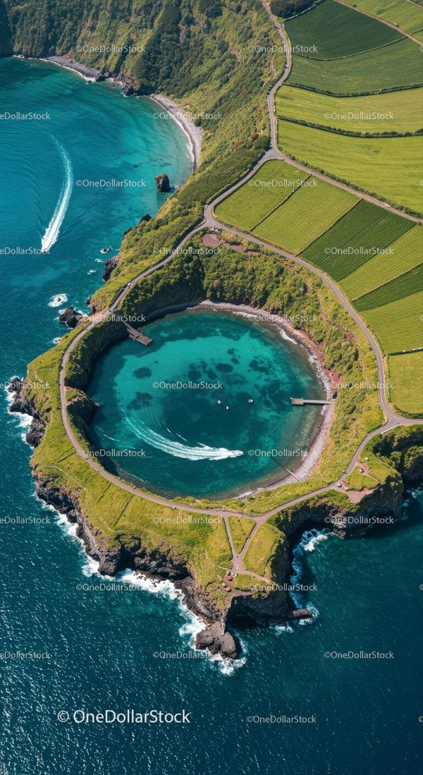 Aerial View of Lush Green Crater with Turquoise Waters