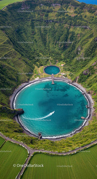 Aerial View of Volcanic Crater Lake with Turquoise Water