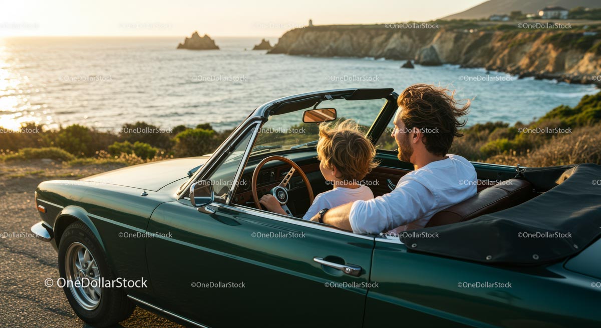 Father and Son Enjoying a Scenic Drive in Convertible (24 Images)