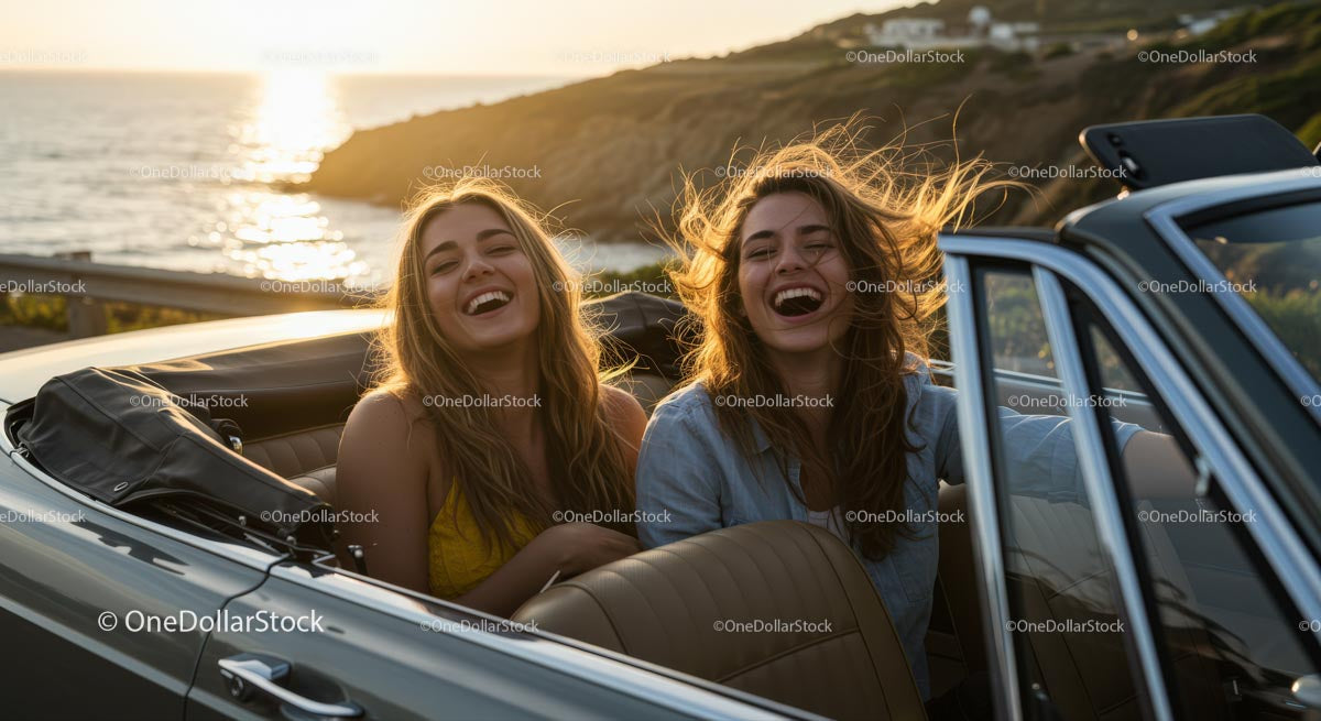 Two Women Driving Vintage Convertible by Ocean