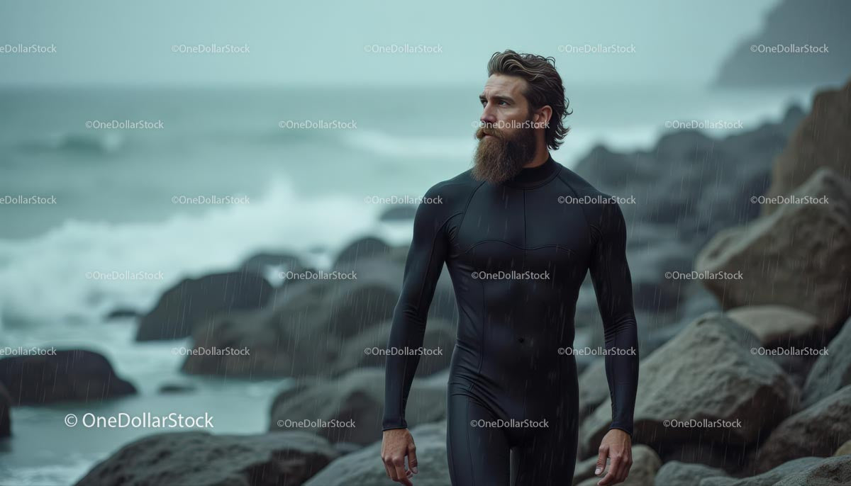 Man in Black Wetsuit by Rocky Ocean Shoreline