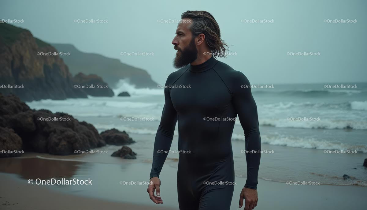 Surfer Strolling on a Foggy Ocean Beach