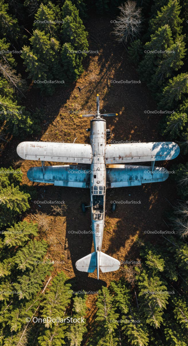 Abandoned Airplane in Dense Pine Forest from Above