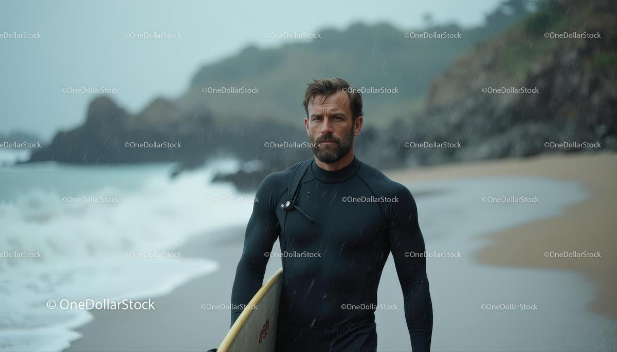 Surfer Walking on Rainy Beach with Wetsuit