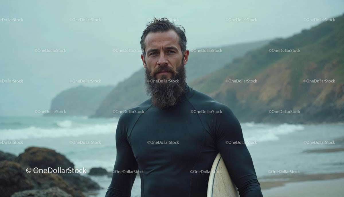 Bearded Surfer Ready at Misty Coastal Beach