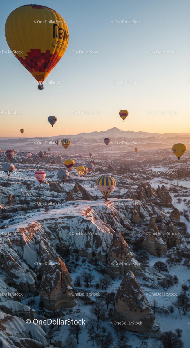 Hot Air Balloons Over Snowy Cappadocia at Sunrise