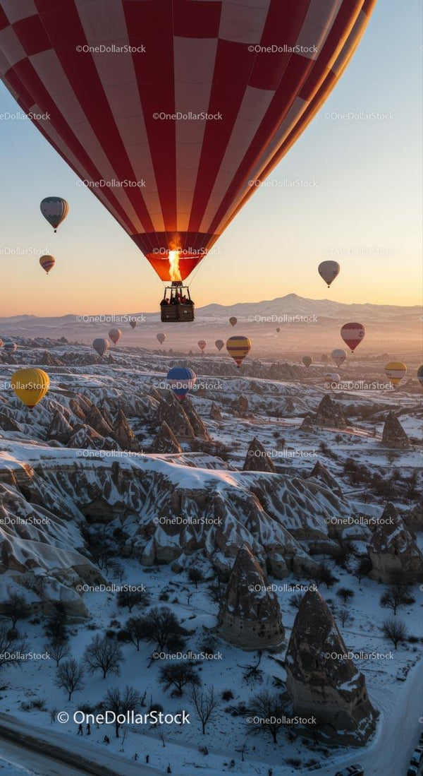 Balony na gorące powietrze nad zaśnieżoną Kapadocją o wschodzie słońca