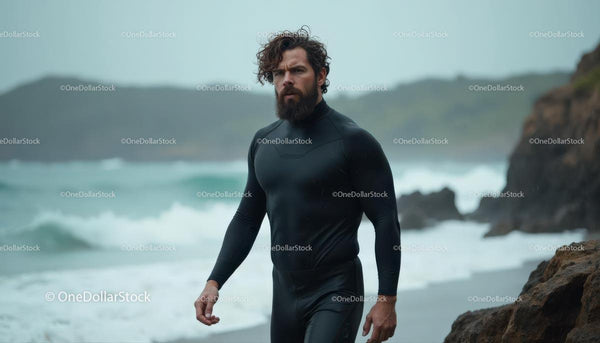 Surfer in Black Wetsuit on a Rocky Coastline