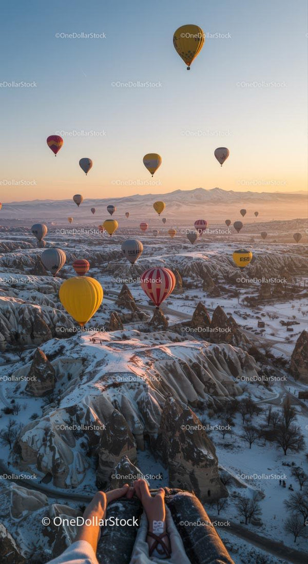 Kolorowe Balony na Gorące Powietrze nad Zaśnieżoną Kapadocją