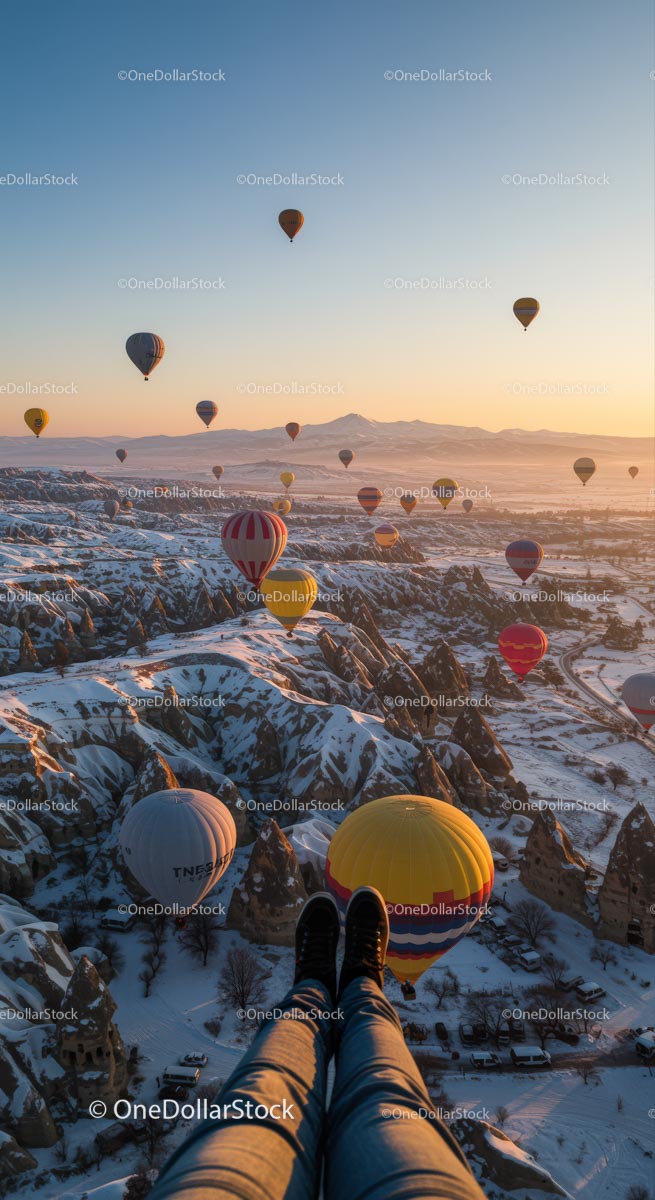 Hot Air Balloons Over Snowy Cappadocia at Sunrise