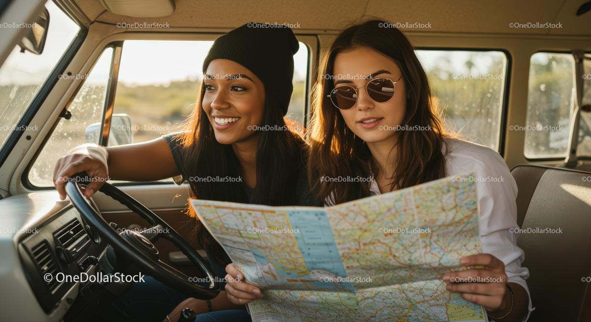 Two Friends on an Adventurous Road Trip with Map