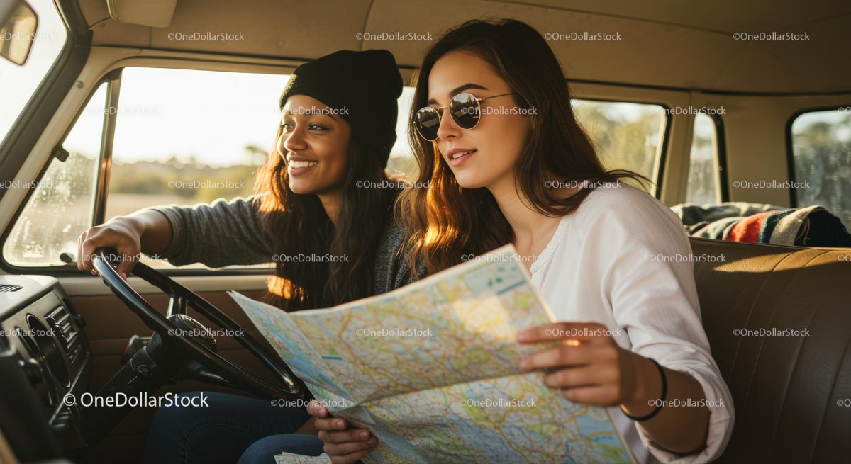 Friends on a Road Trip Adventure with Map Guidance