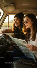 Young Women on a Road Trip Adventure with Map