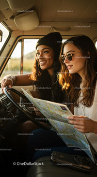 Young Women on a Road Trip Adventure with Map