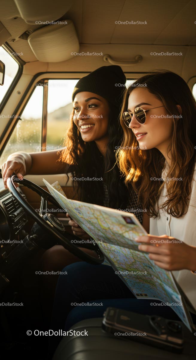 Young Women on a Road Trip Adventure with Map
