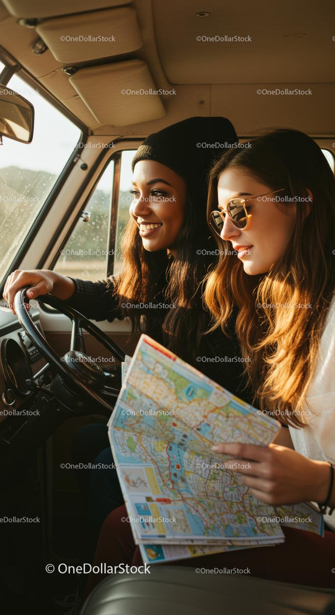 Two Friends Enjoying a Road Trip Adventure with a Map