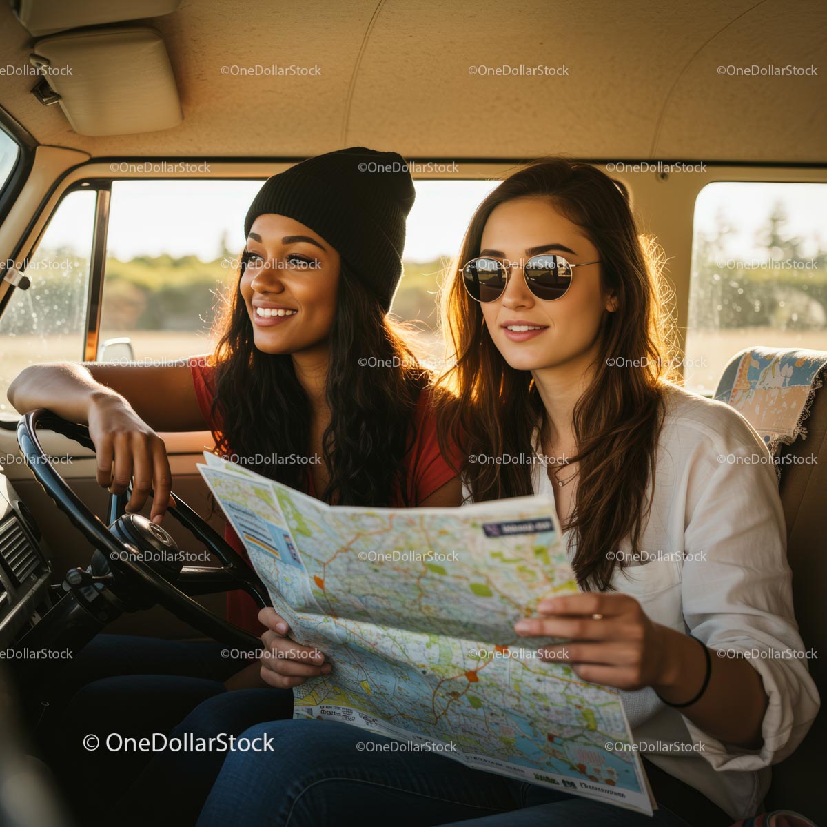 Two Friends Enjoying a Road Trip Adventure in a Van
