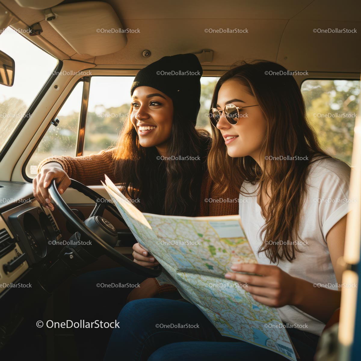 Two Friends Enjoying a Road Trip Adventure in a Van
