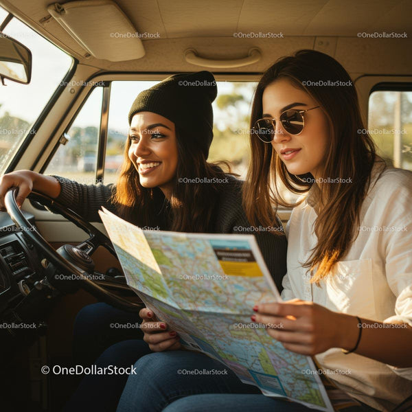 Young Women Planning Route with Map on Road Trip