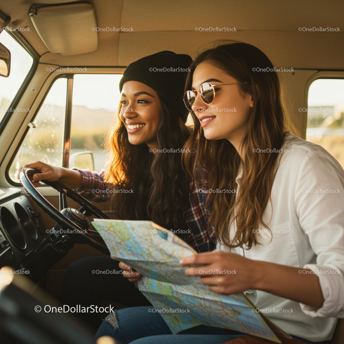 Two Friends Enjoying a Road Trip Adventure in a Van