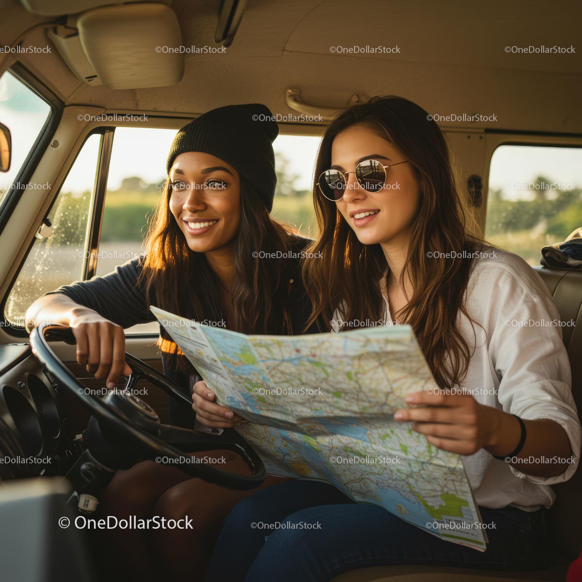 Two Friends Enjoying a Road Trip Adventure in a Van