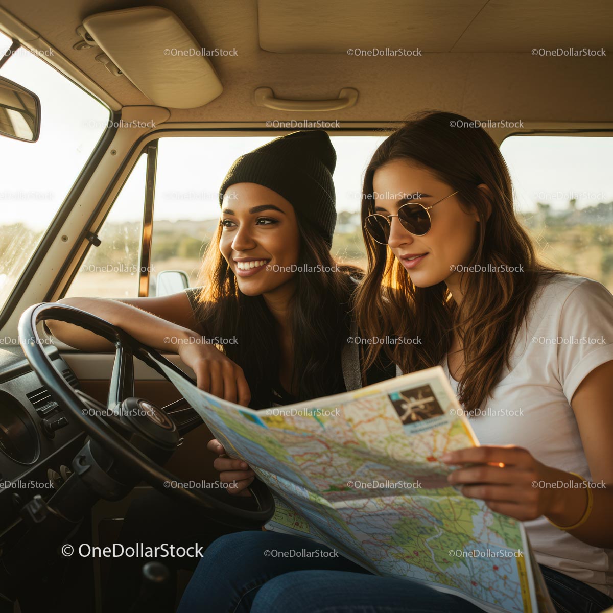 Two Friends Enjoying a Road Trip Adventure in a Van