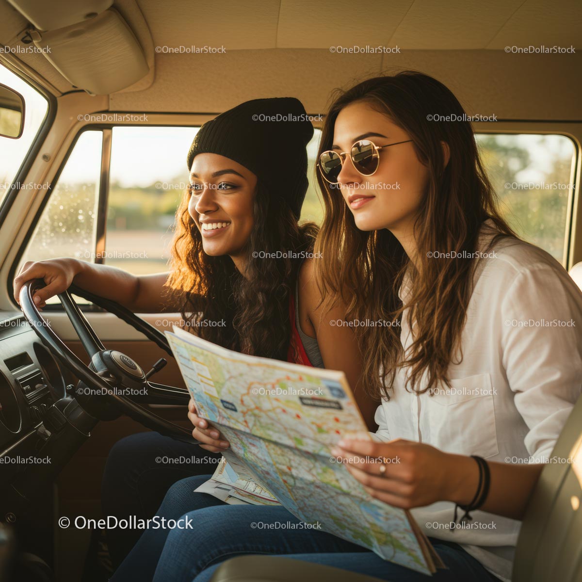 Two Friends Enjoying a Road Trip Adventure in a Van