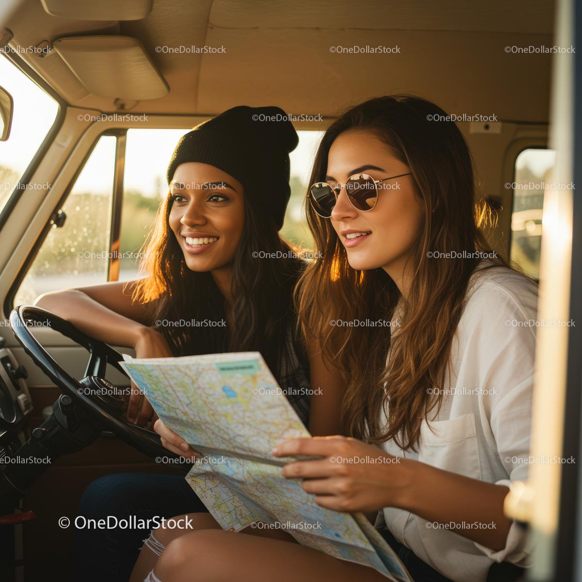 Happy Friends on a Road Trip with a Map