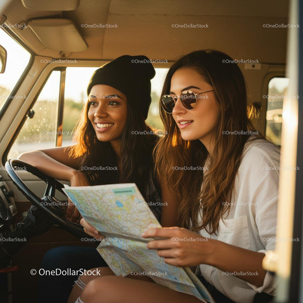 Happy Friends on a Road Trip with a Map