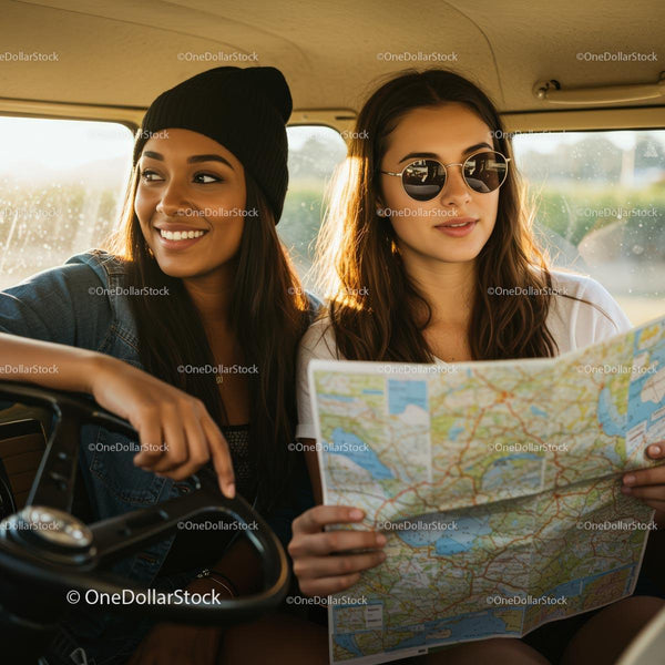 Young Women on a Road Trip Adventure in Sunny Car