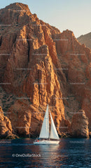 Sailing Yacht by Majestic Red Cliffs on a Sunny Day