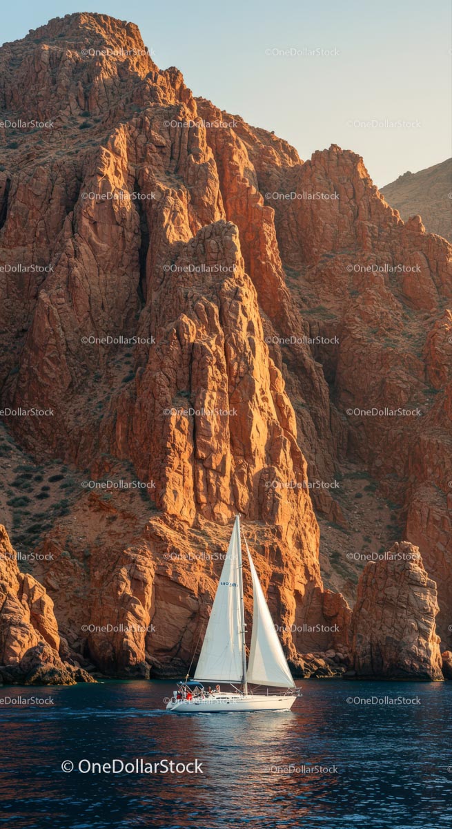 Sailing Yacht by Majestic Red Cliffs on a Sunny Day