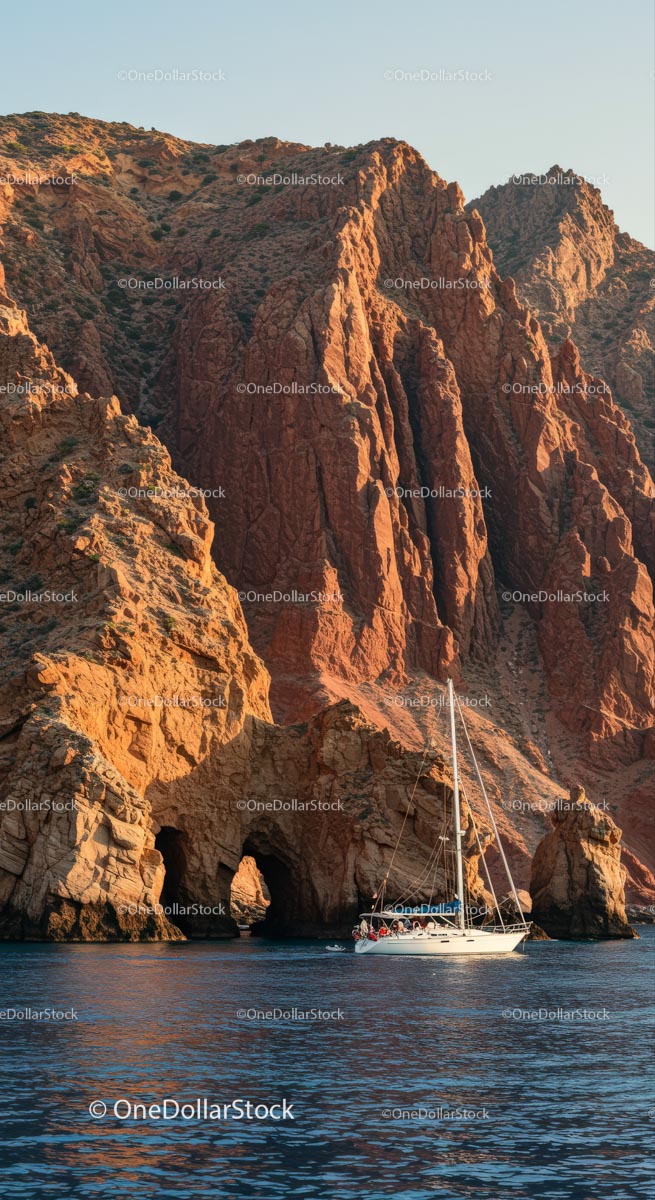 Sailing Yacht by Dramatic Red Cliffs at Sunset