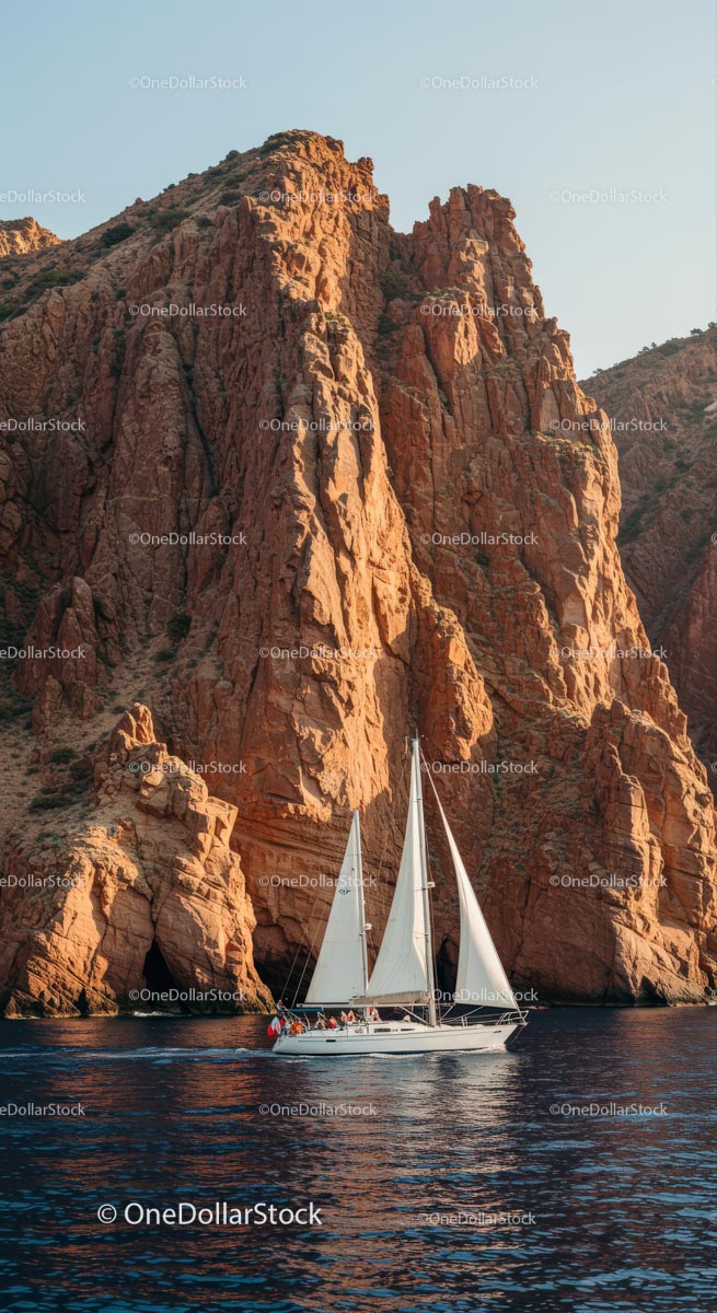 Sailing Boat by Majestic Rocky Cliffs at Sunset