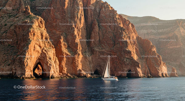 Sailing Boat by Dramatic Rocky Cliffs at Sunset