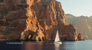 Sailing Boat at Sunset Near Stunning Rocky Cliffs