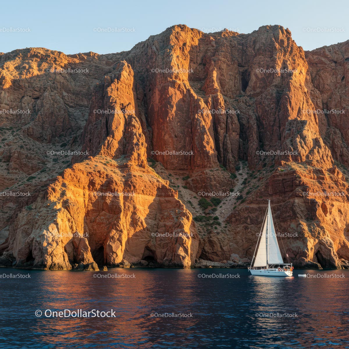 Sailing by Majestic Rocky Cliffs at Sunset