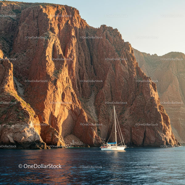 Yacht Sailing near Majestic Red Cliffs at Sunset