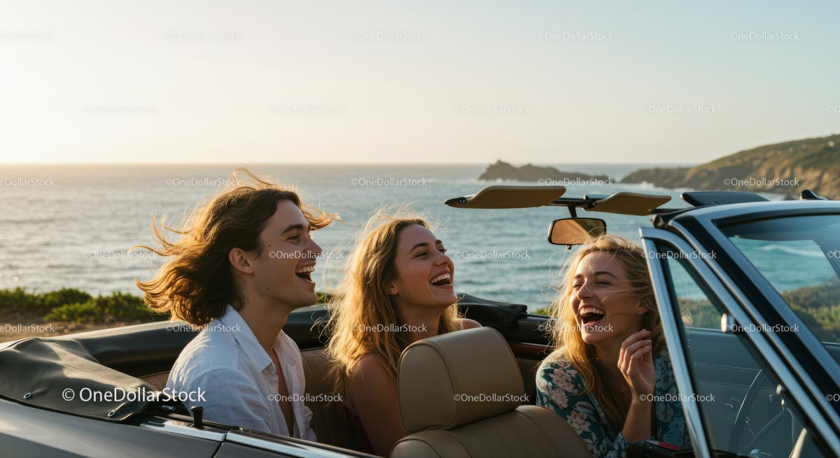Friends Enjoying a Coastal Drive at Sunset