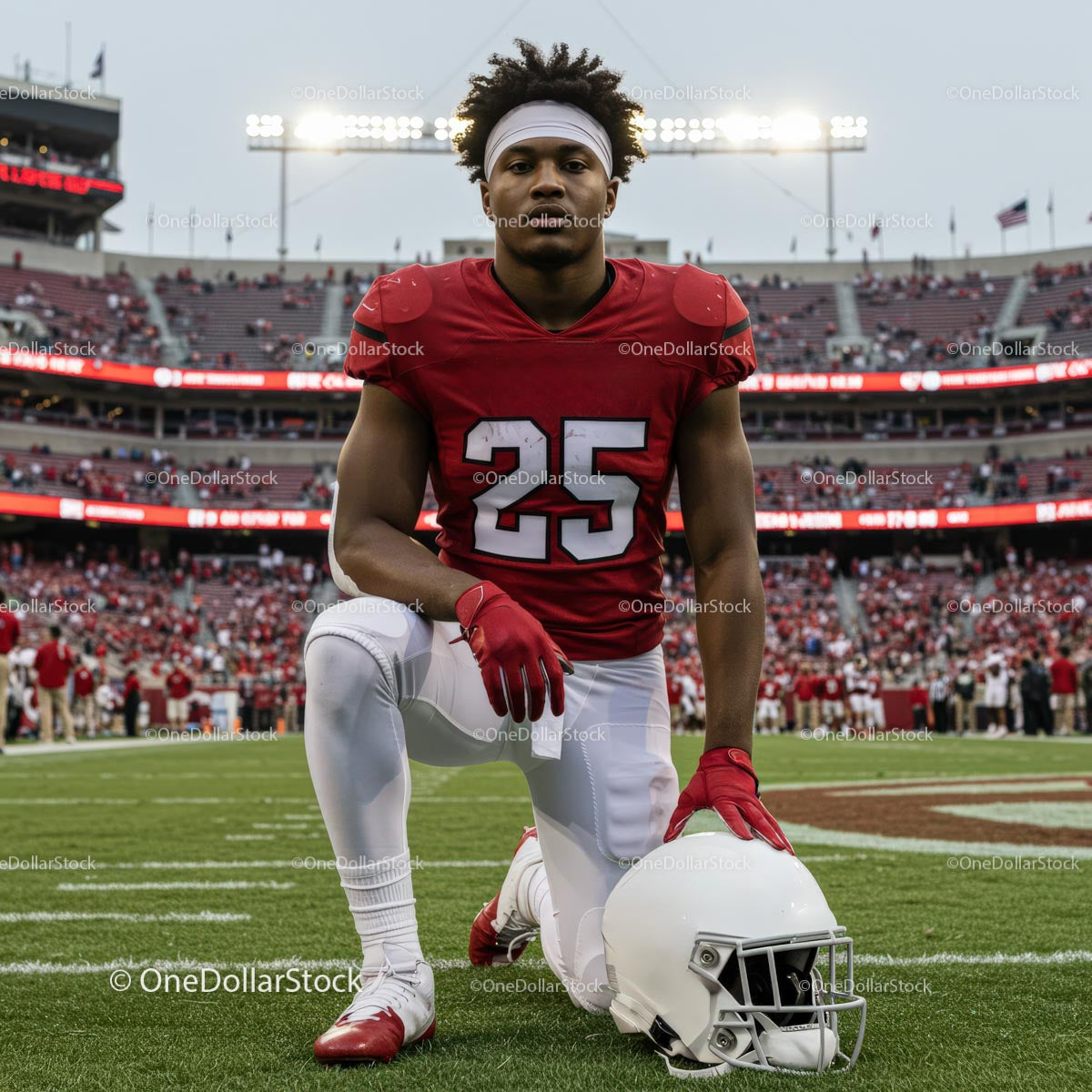 American Football Player Kneeling in Stadium