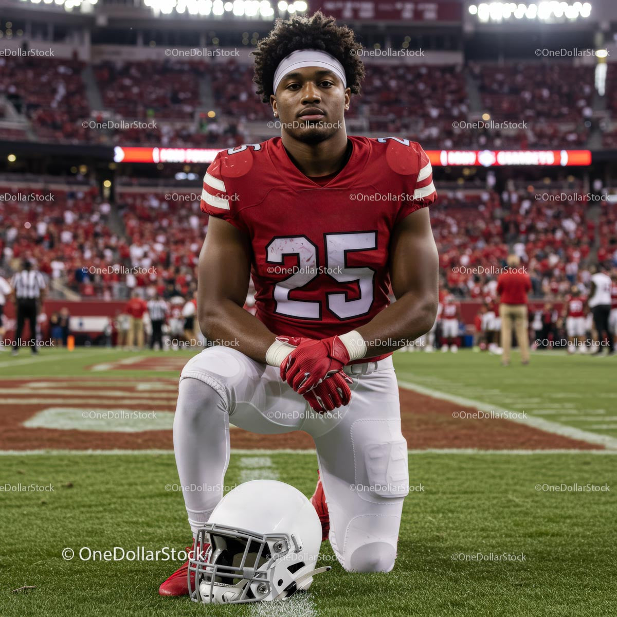 American Football Player Kneeling on Field During Game